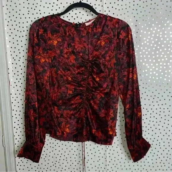Cinq à Sept Women's Red Ezrah Floral Print Ruched Cutout Silk Blouse - Picture 2 of 6